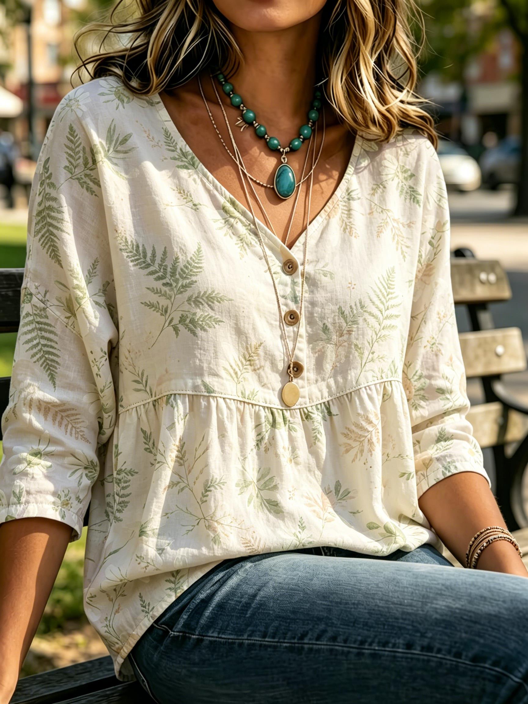 Sewing V - Damesblouse met delicate botanische print van